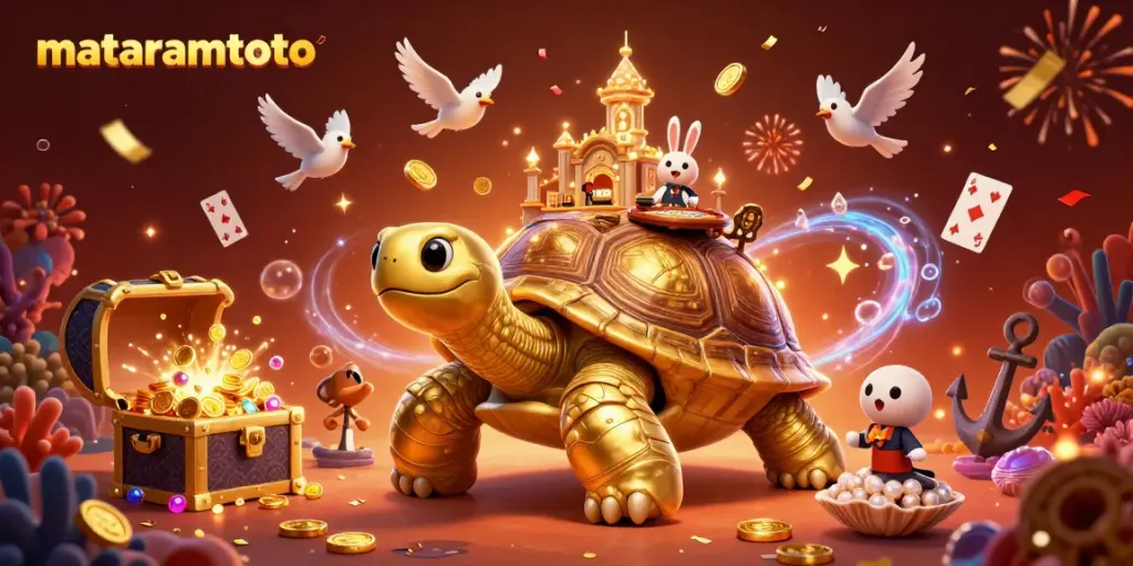 Experience the thrill of wagering at Mataramtoto with this vibrant casino illustration featuring a golden tortoise and a rabbit dealer.
