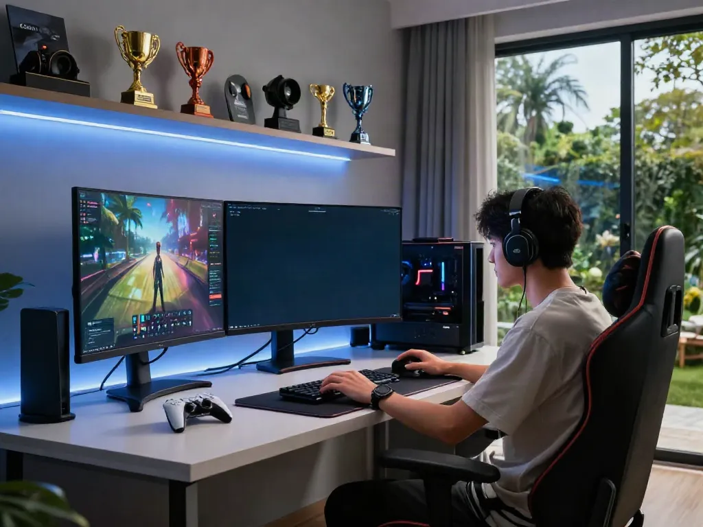 Gamer immersed in luxury gaming setup, showcasing vibrant game graphics and elegant design in a stylish room, highlighting the luxury12 experience.