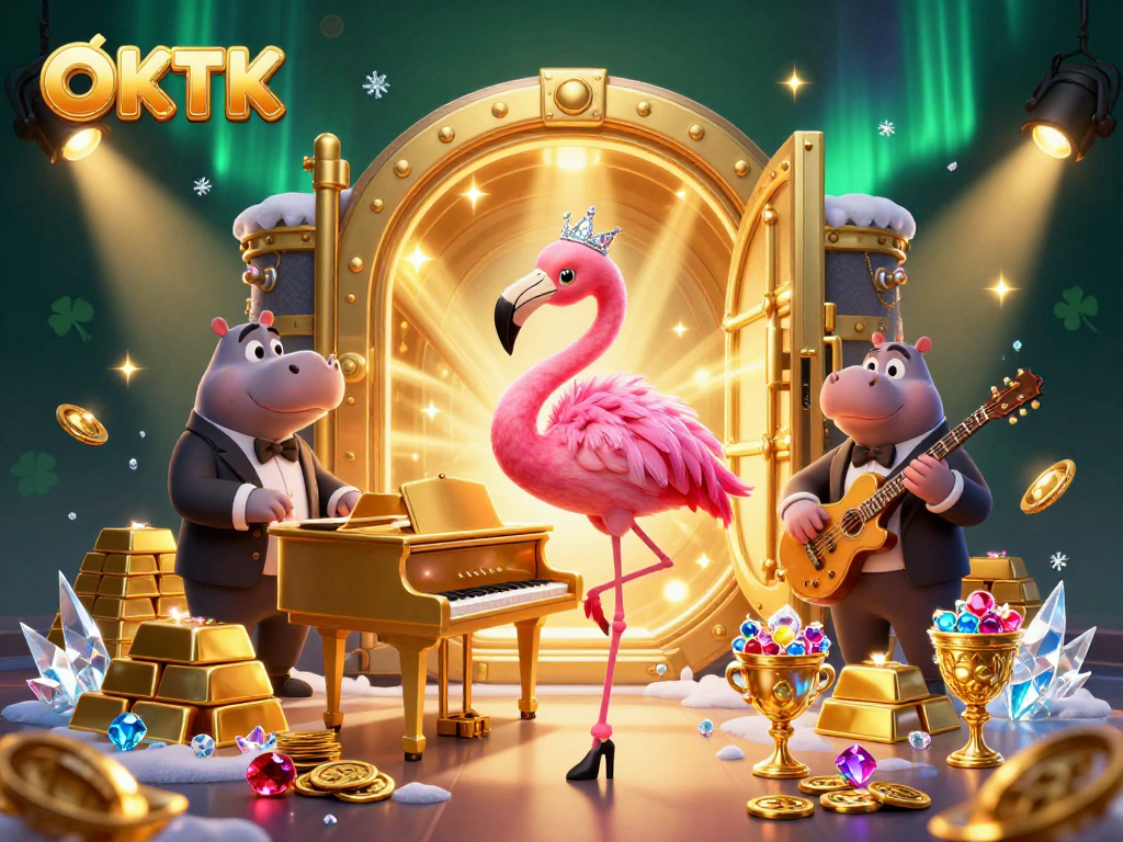 Engage with the vibrant world of OKTK casino through a lively 3D illustration featuring charming characters and treasures.