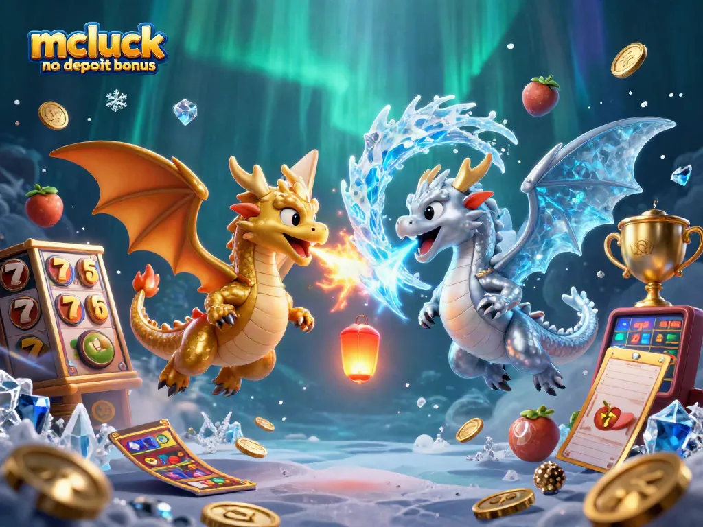 Claim your mcluck no deposit bonus with a dazzling casino-themed illustration of dragons and slots.