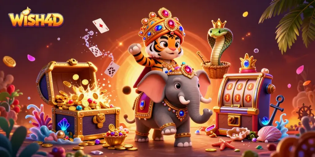 Engage with WISH4D through a dynamic gaming journey featuring an ornate maharaja tiger and exciting slot elements.
