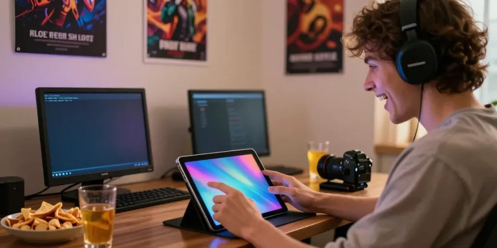 Engaged gamer enjoying link slot777 on tablet with vibrant setup