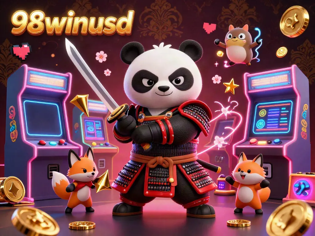 Experience vibrant gaming action with 98winusd featuring a panda samurai, ninja fox, and spirit tanuki in a casino setting.