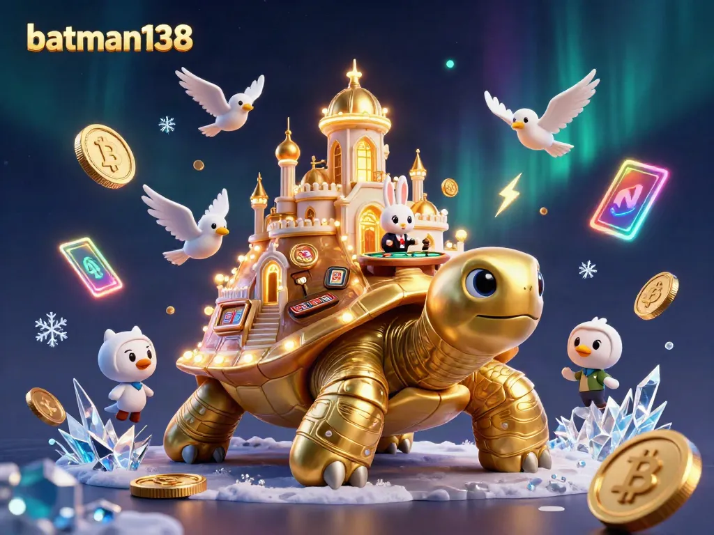 Experience a vibrant scene from batman138 featuring a joyful rabbit dealer and golden tortoise with sparkling casino elements.