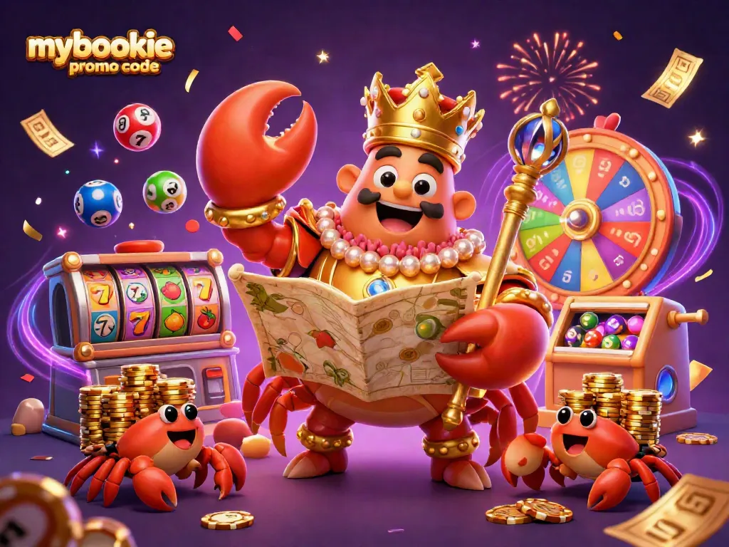 Experience gaming excitement with the mybookie promo code amidst lively casino elements and a stunning crab emperor.