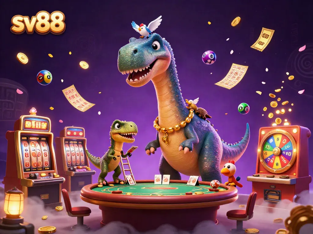 Experience thrilling gaming action at sv88 with a playful brontosaurus in a vibrant casino scene.