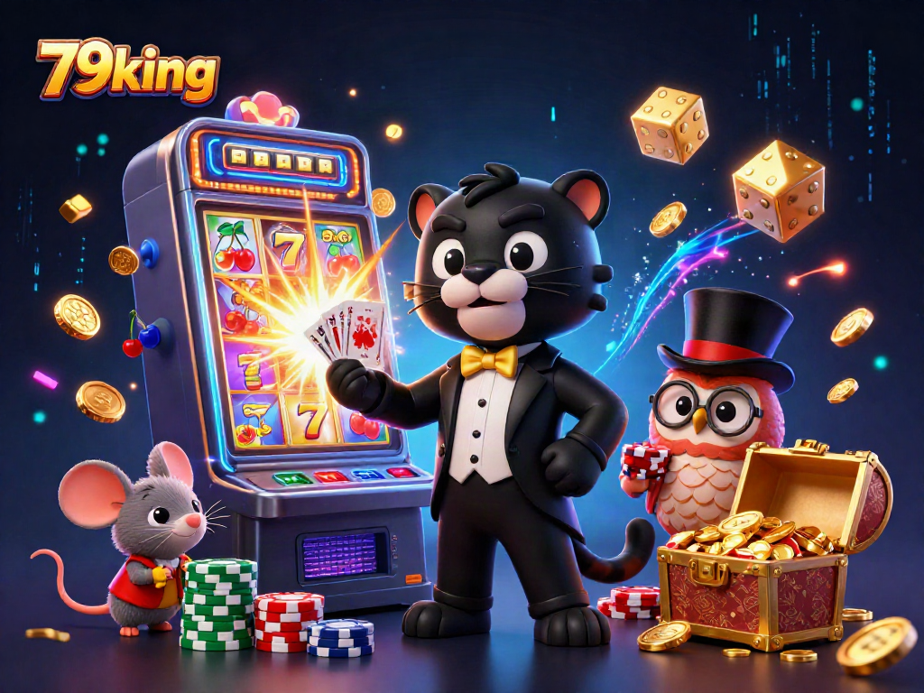 79king's vibrant casino scene features clever characters and flashy gaming elements.