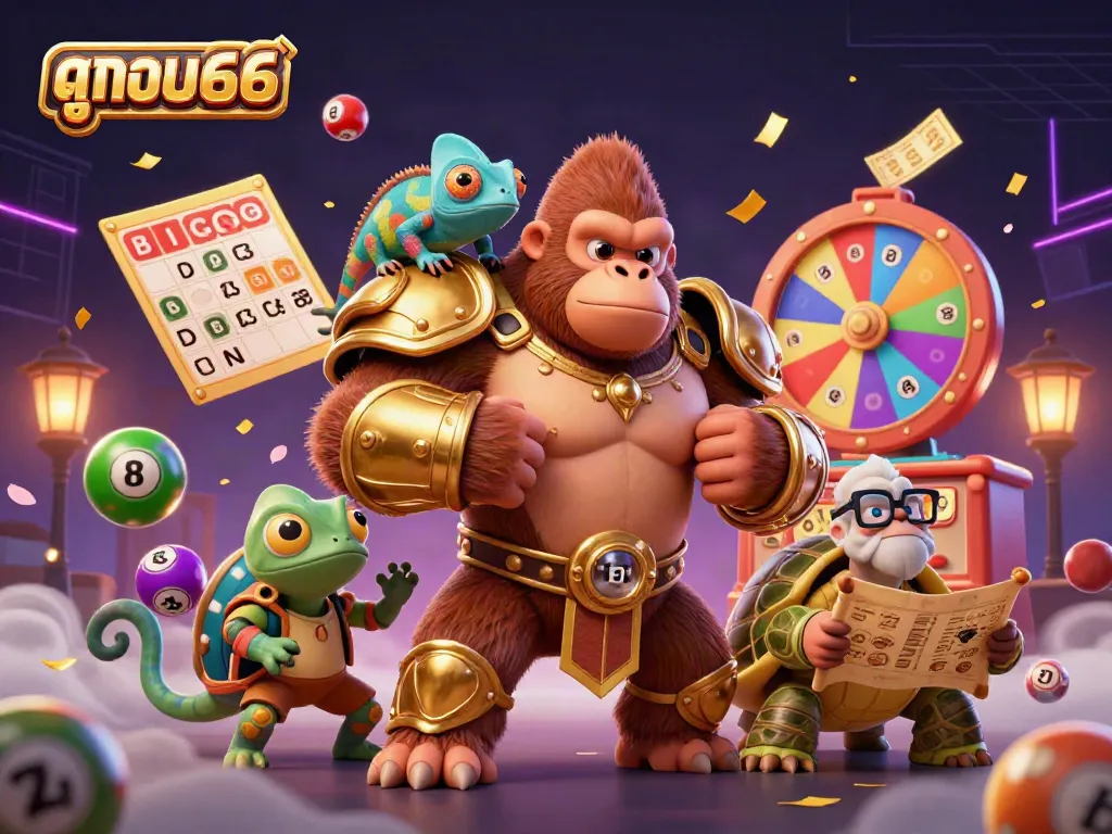Experience exhilarating sports betting with ดูบอล66, featuring dynamic lottery elements in a vivid 3D scene.