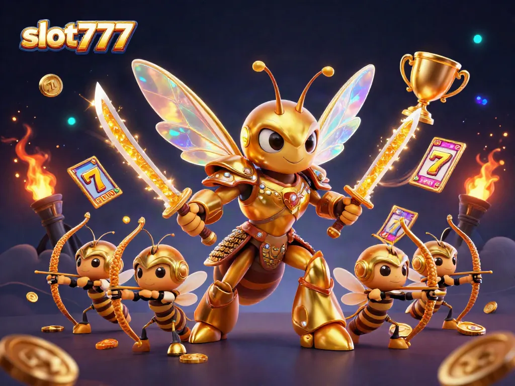 Engage in thrilling gaming with slot777 illustrated as a golden hornet and bee archers surrounded by slot themes.