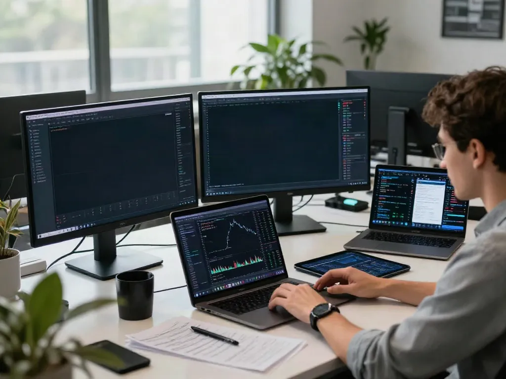 Developer engaging with 股票行情接口 data in a modern cryptocurrency trading workspace, analyzing real-time stock market metrics.