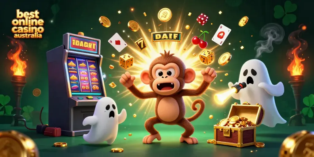 Experience spooky fun at the best online casino australia with a playful ghost and exciting slot game elements.