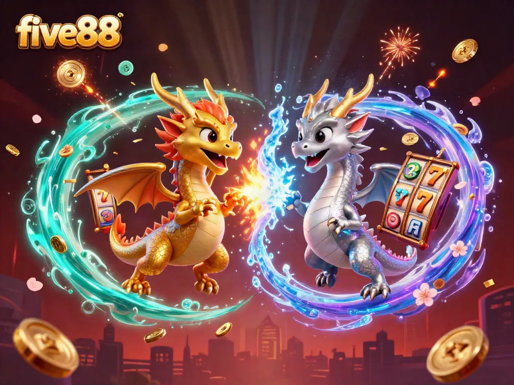 Experience thrilling games with five88, featuring vibrant dragons and dynamic slot elements in this captivating illustration.