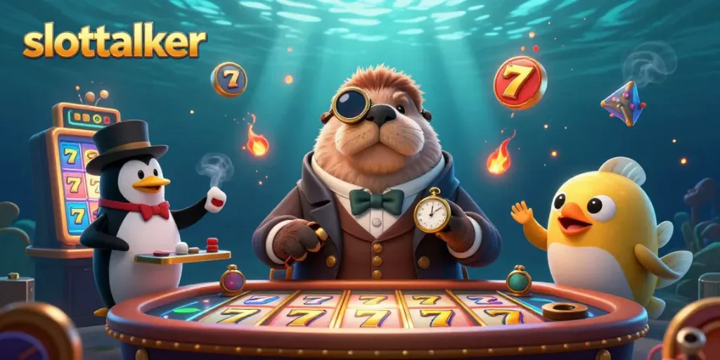 Experience slot action with Slottalker as a walrus plays a slot machine amidst vibrant symbols and characters.