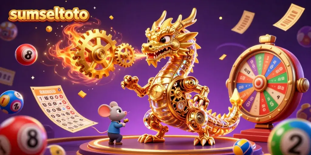 Experience sumseltoto's vibrant casino with a golden dragon and dynamic gaming elements.