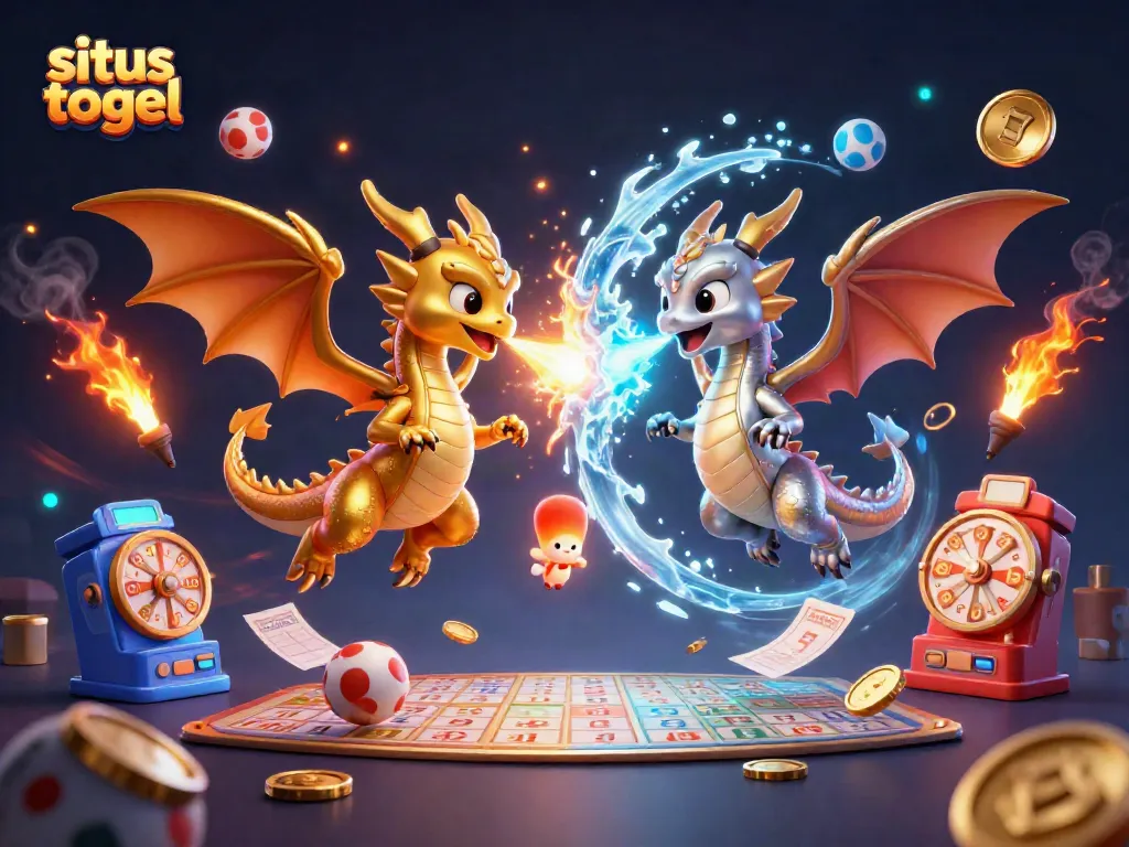 Engage with situs togel in an animated 3D scene featuring gold and silver dragons amidst lottery elements.