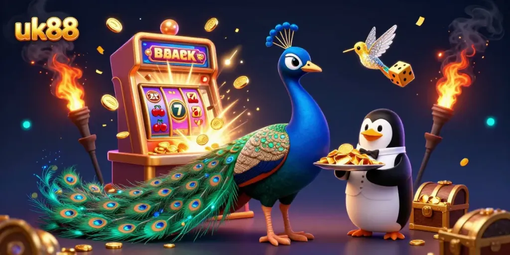 Engage with exciting gameplay at uk88, featuring an aristocratic peacock, a penguin butler, and a dazzling casino scene.