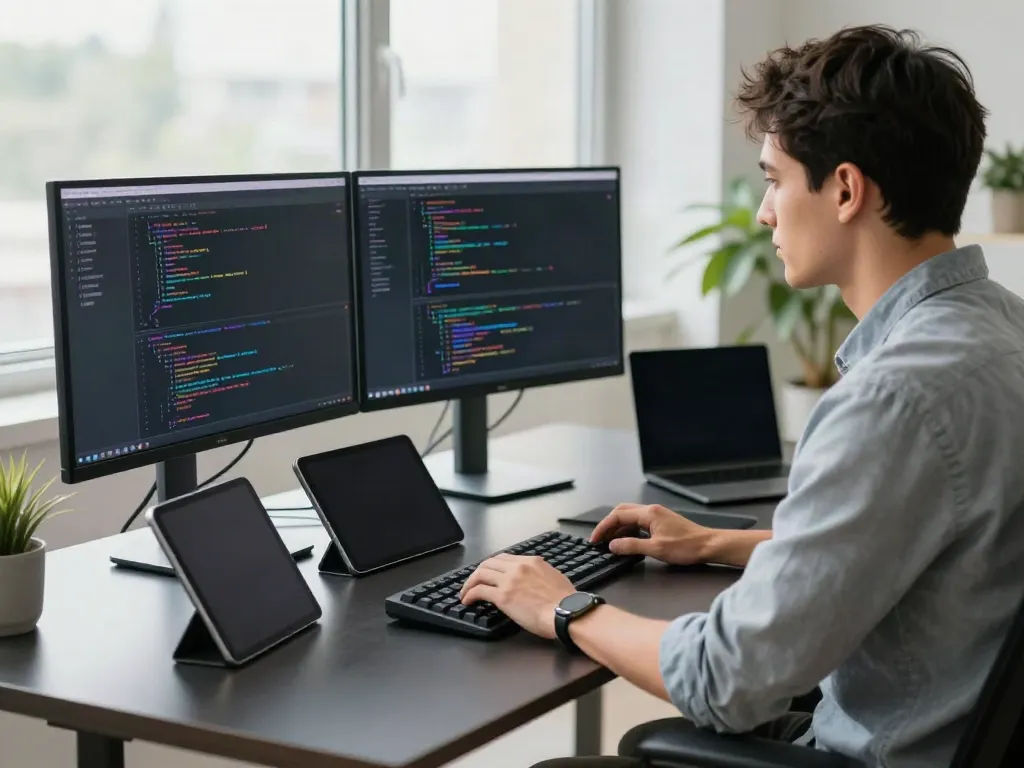 Brave software developer engaging with code on multiple screens in a modern workspace.