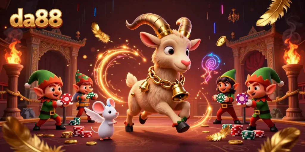 Experience the thrilling excitement of da88 with a holiday-horror casino scene featuring Krampus, an angel mouse, and mischievous gremlins.