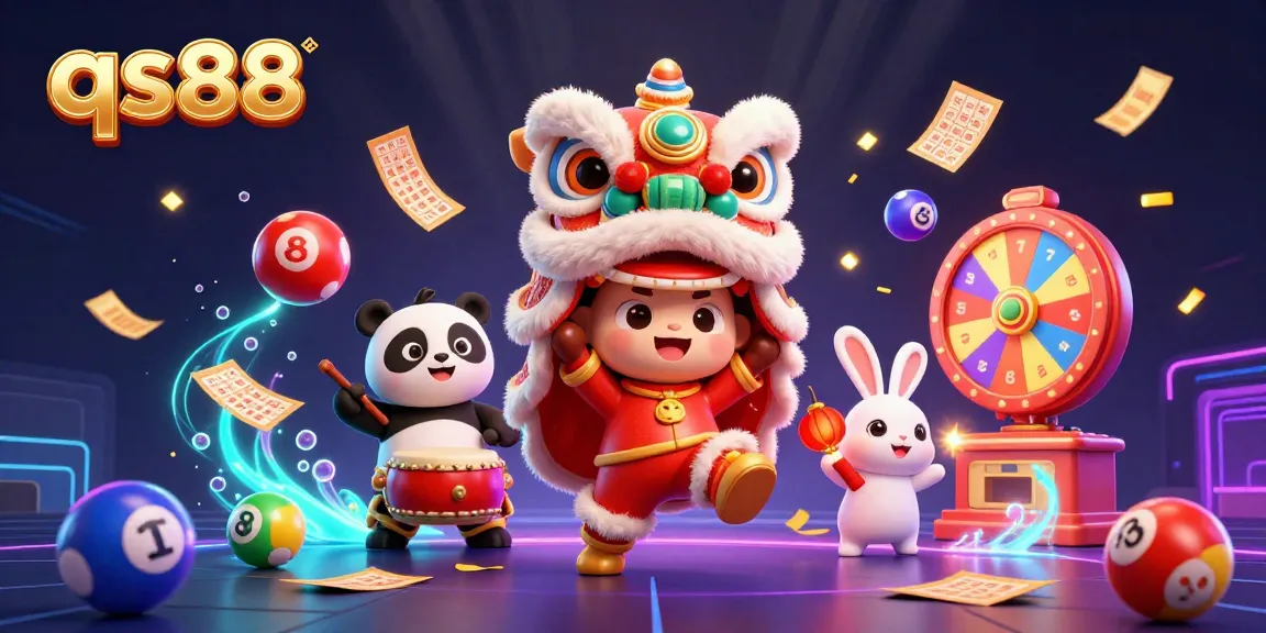 Experience engaging gameplay with qs88 featuring vibrant lottery balls and a lively lion dance scene.