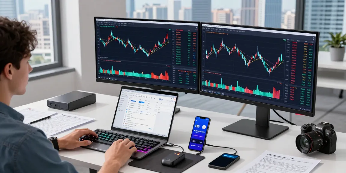 XXKK Exchange cryptocurrency trading workspace with dual monitors showing real-time market data and trading charts, emphasizing professional trading strategies and security awareness.