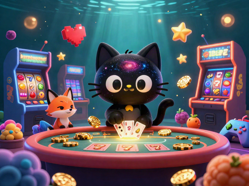 Kermitmentstuff combines cosmic fun and gambling thrills with a 3D black hole cat at a slot table.
