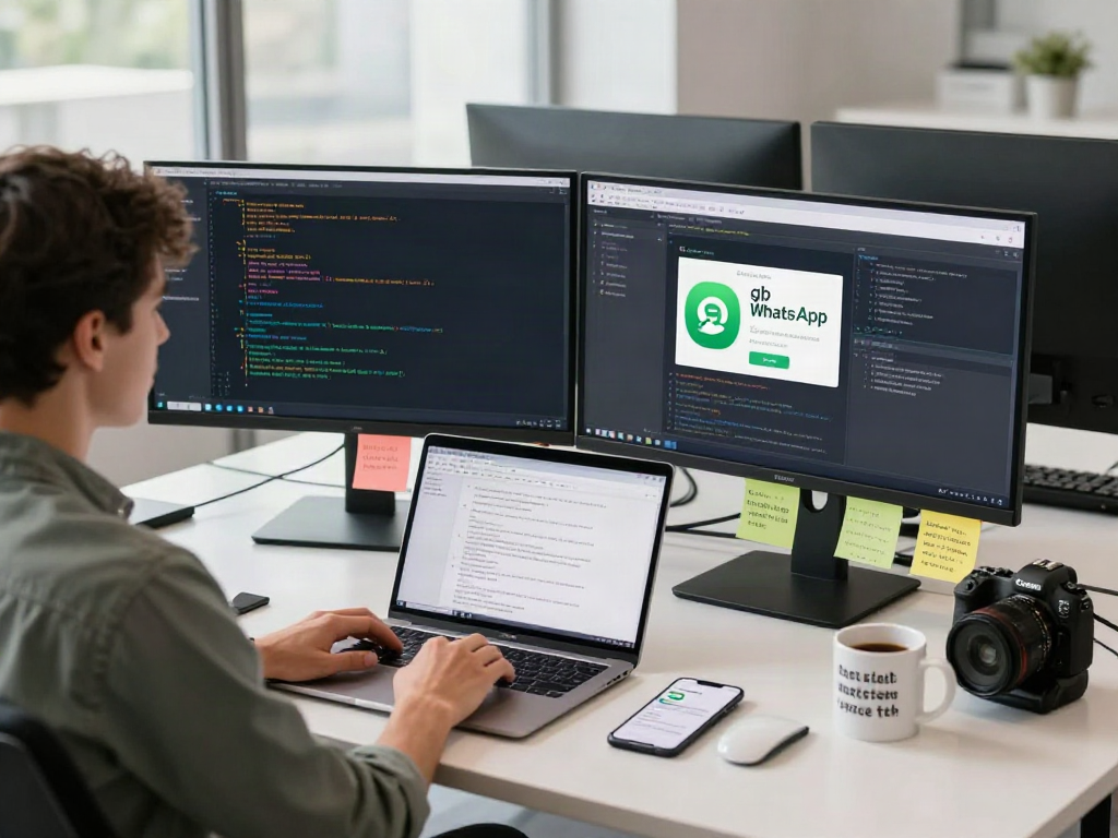Developer coding with gb Whatsapp interface in modern tech workspace, showcasing a productive environment.