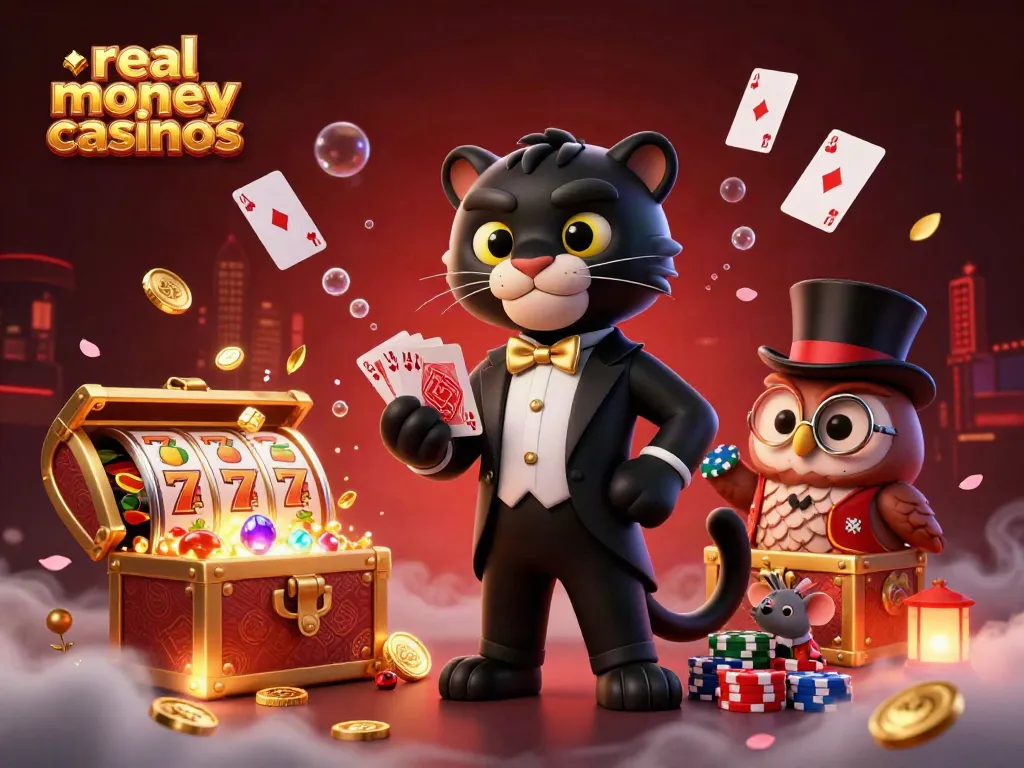 Experience real money casinos with a cartoon panther dealer, owl, mouse, and slot machines in a vibrant casino scene.
