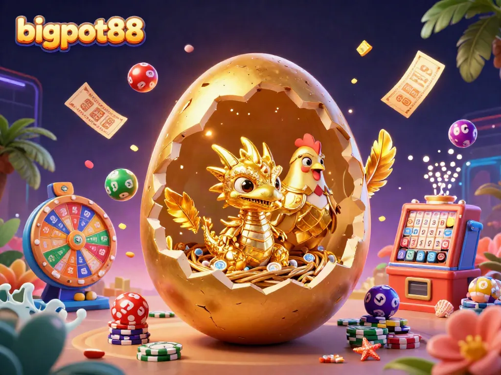 Visualisasi bigpot88 menampilkan telur emas pecah dengan naga emas dan chip poker, dikelilingi bola lotere berwarna.