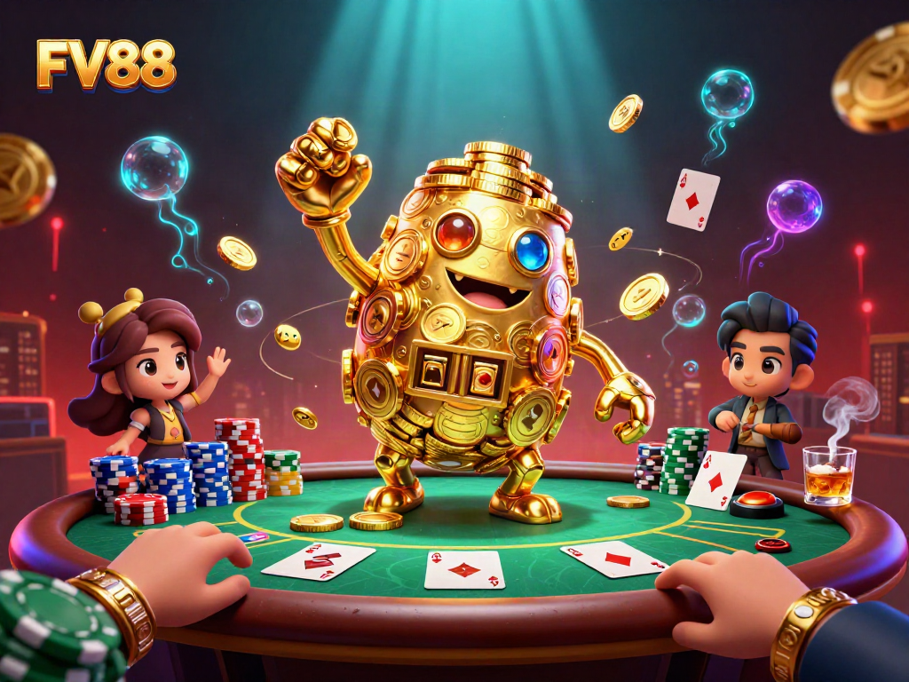 Engage with FV88 featuring a golden golem amidst a vibrant poker scene packed with excitement.