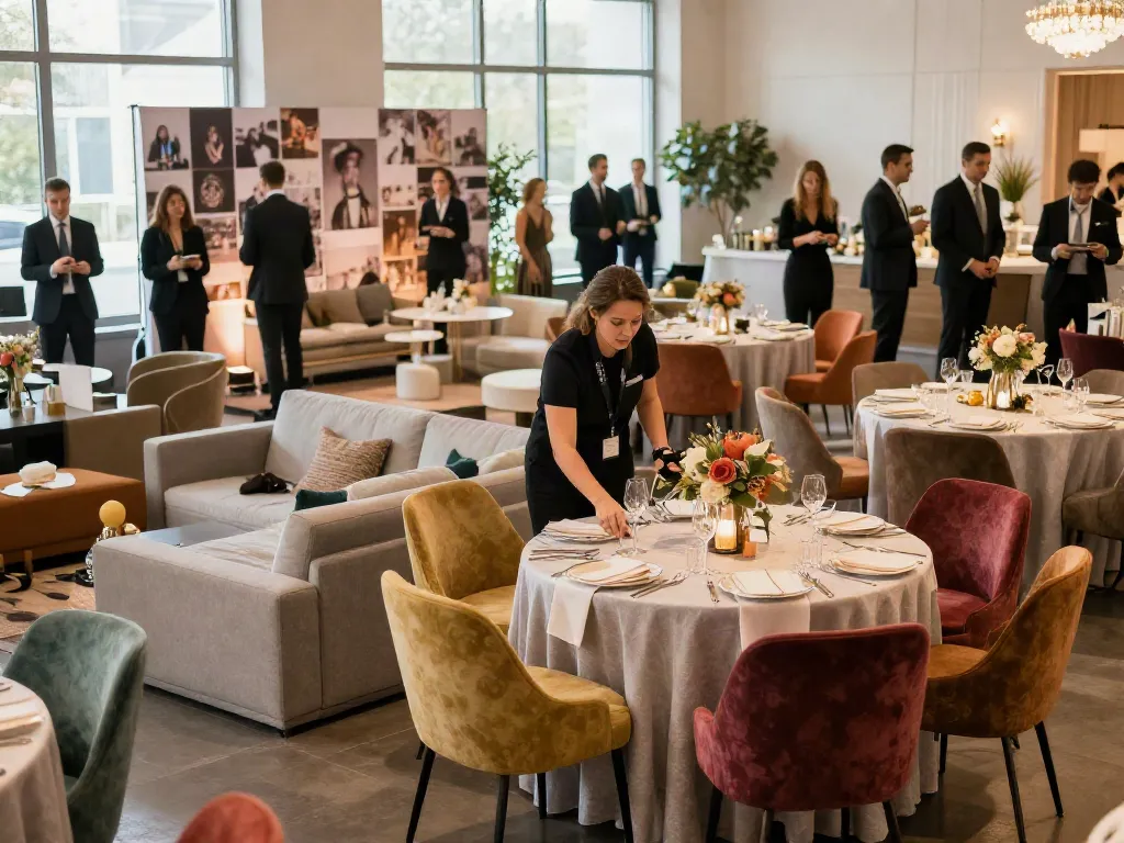 Event furniture rental set up with stylish lounges and tables in a vibrant indoor venue.