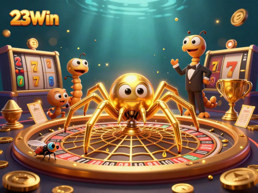 Experience the thrill of 23Win as a golden spider spins a roulette web, drawing in bettors.