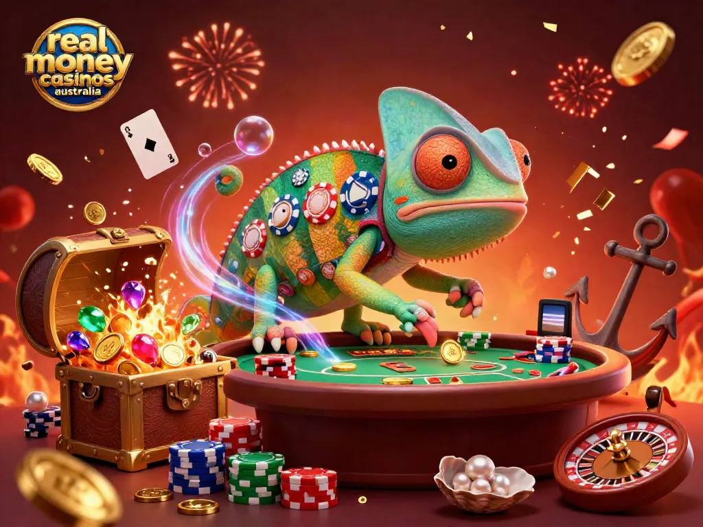 Experience real money casinos Australia with a vibrant chameleon casino owner and dynamic gaming elements.