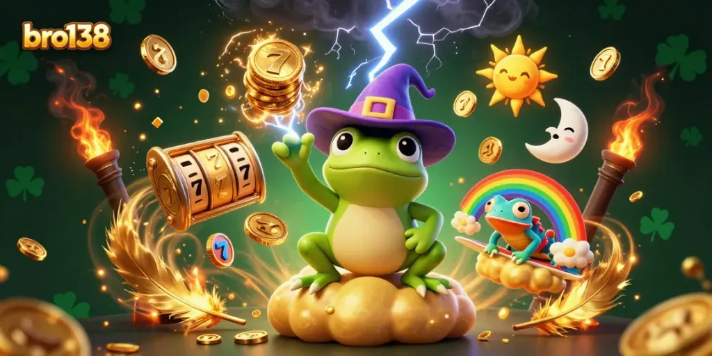 Experience the thrill of bro138 as a wizard frog conjures golden coins amidst dynamic casino elements.