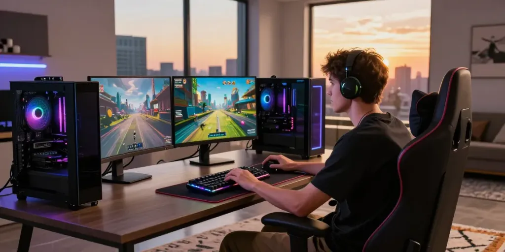 Player enjoying luxury333 gaming setup with modern tech and vibrant atmosphere.