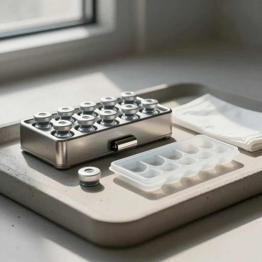Medical cassette, vial rack and frosted ampoule tray on pale concrete in dramatic studio light