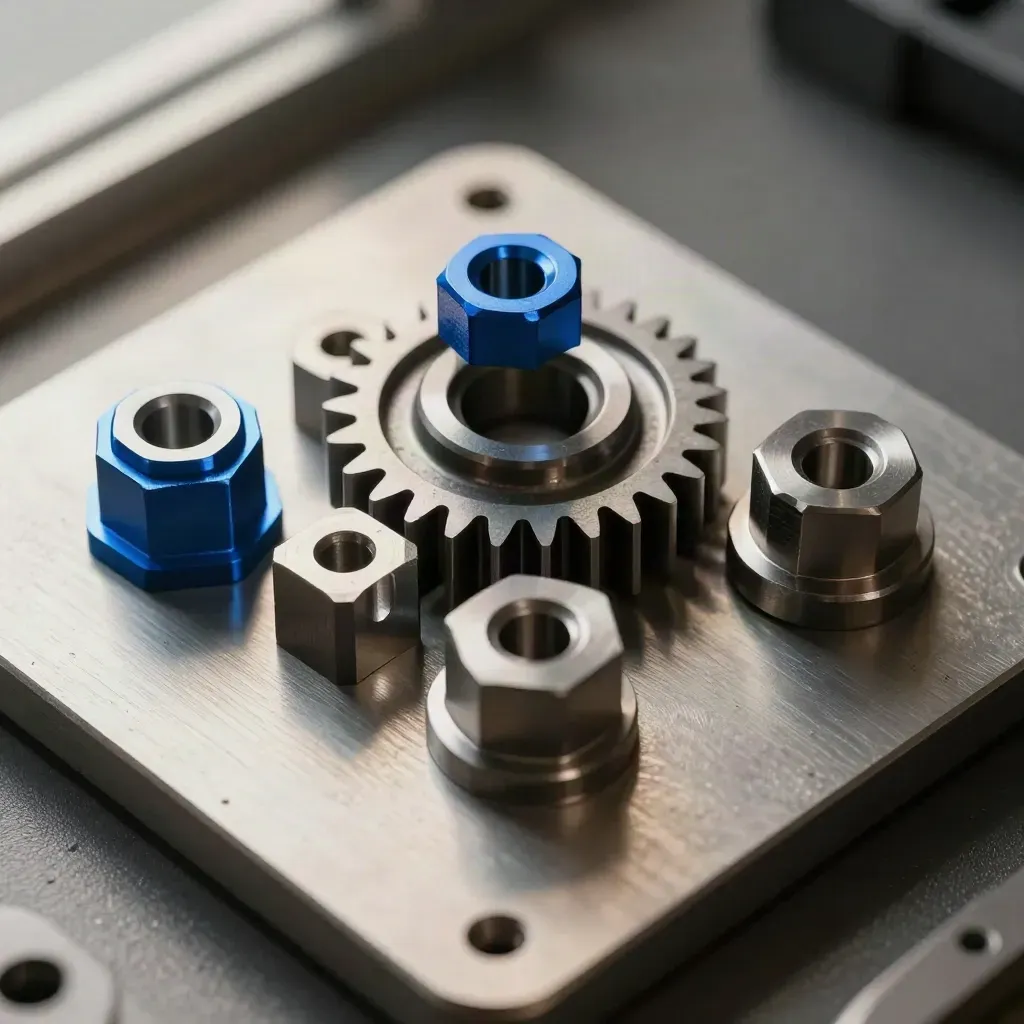Machined gear wheel, hex standoffs, and brushed spacer blocks on pale metal.