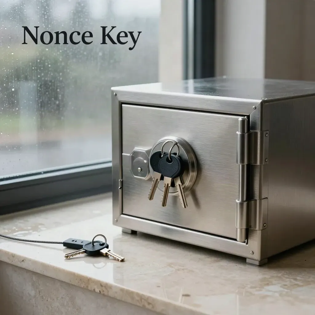 Brushed steel key vault case with security keys, token ring, and tamper clip on wet stone.