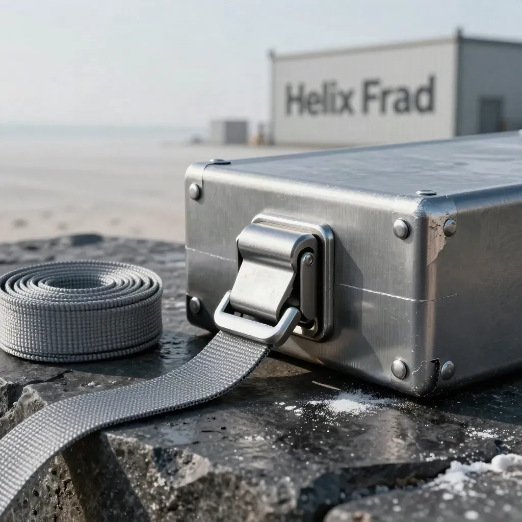 Cargo seal, latch, webbing strap and crate corner protector on dark stone in soft daylight.