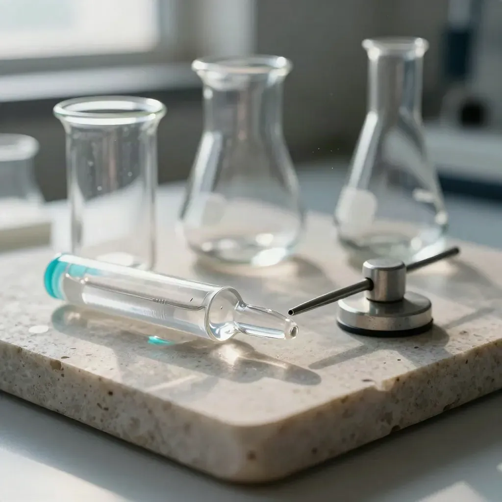 Macro still life of lab flasks, quartz ampoule, and calibration weights on brushed stone.
