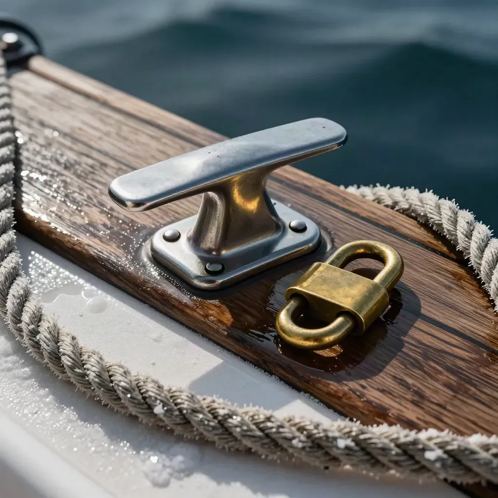 Top-down marine still life with cleat, rope coil, brass shackle, and wet teak.
