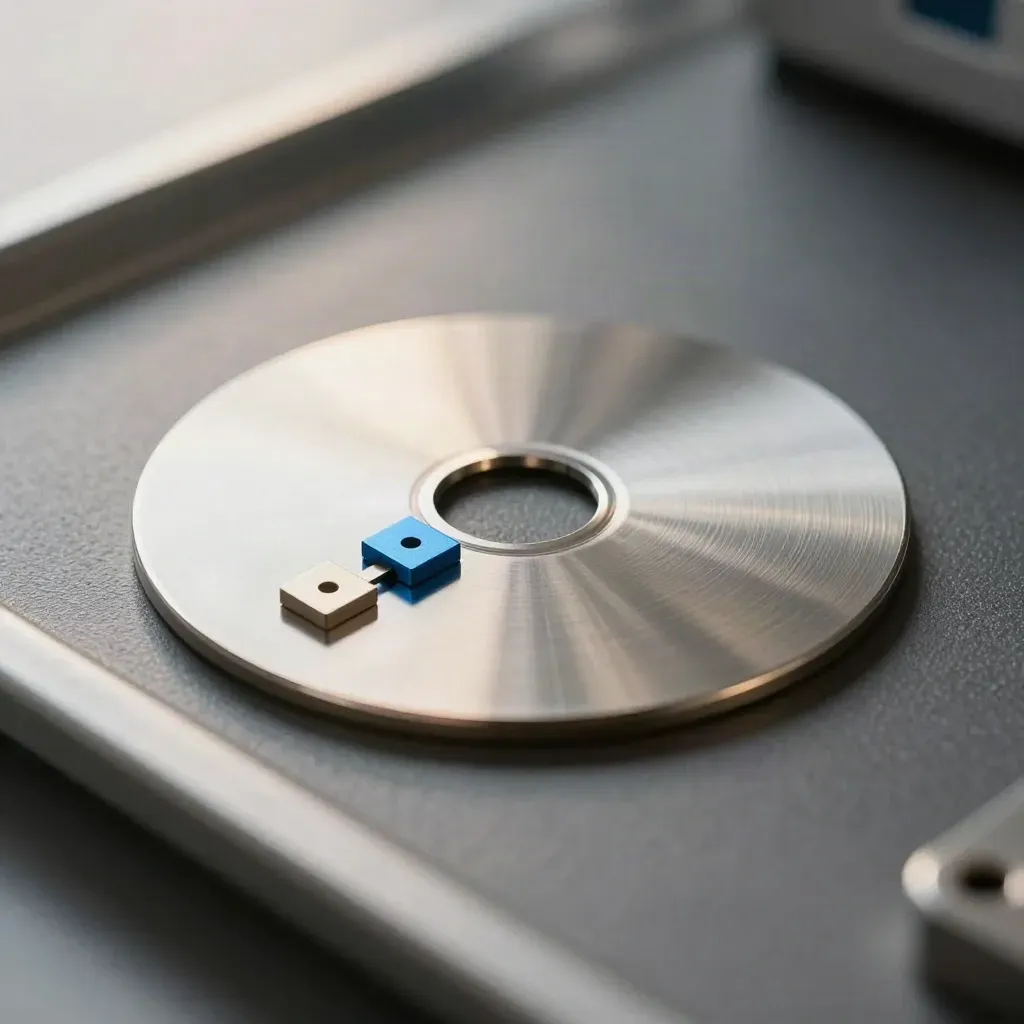 Macro still life of a polished steel token disc with two tiny shims on graphite surface.