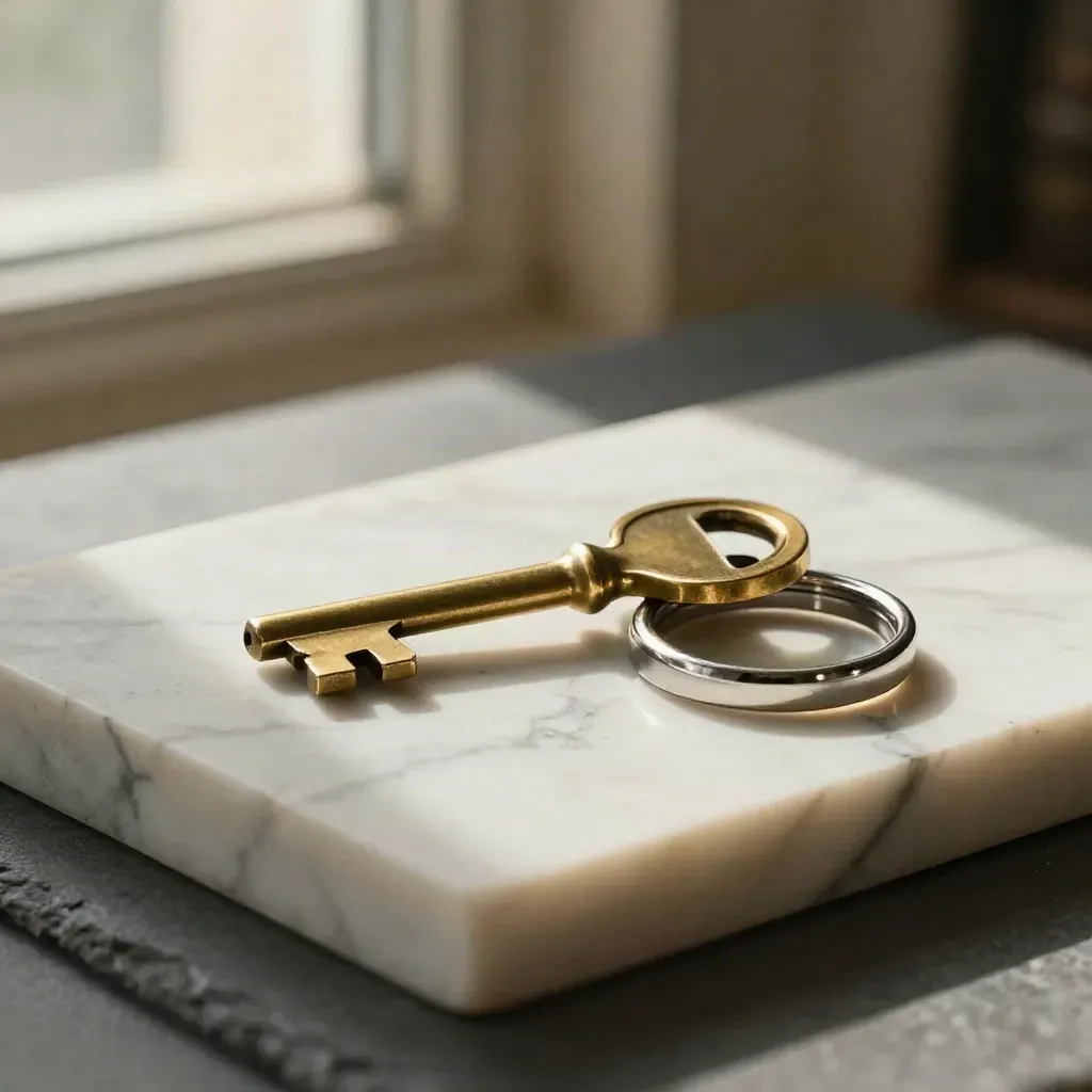 Brass vault key, dial ring, and key tags on pale marble in a tense macro still life.