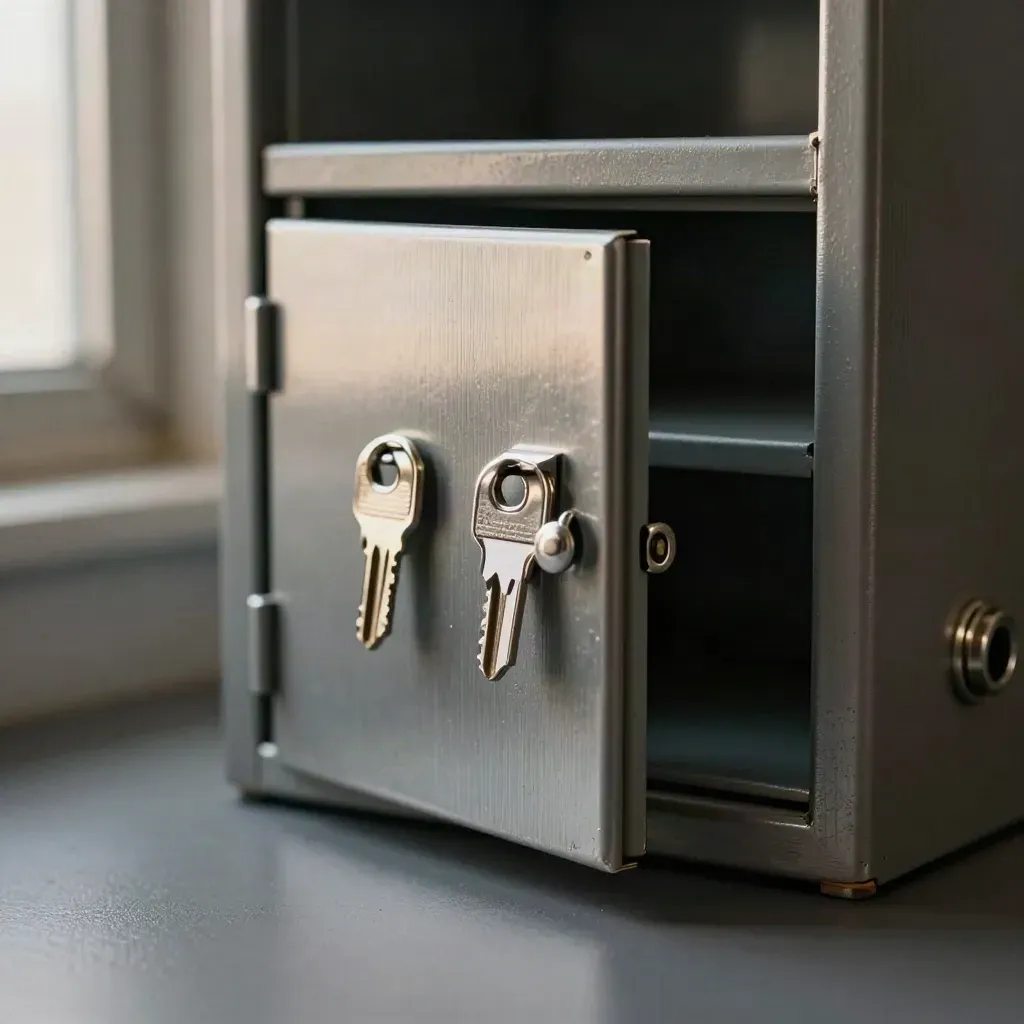 Brushed metal key cabinet ajar with two blank tabs on graphite.