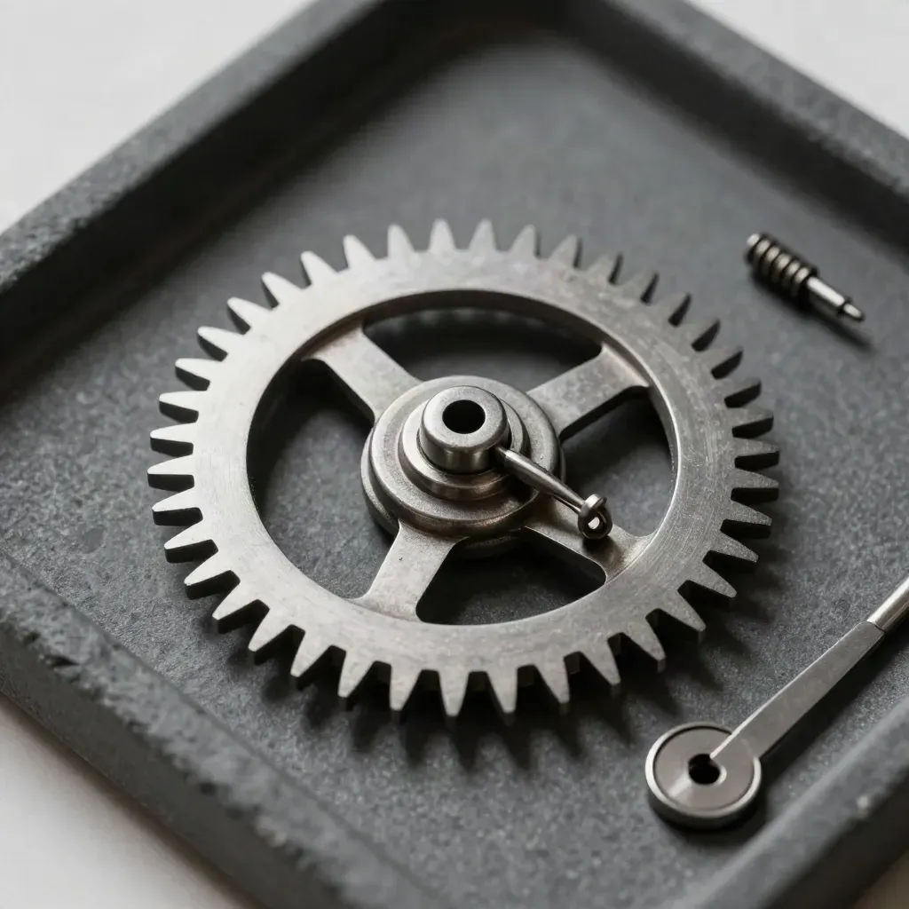 Macro of a steel ratchet wheel with locking clip and pin on graphite stone.