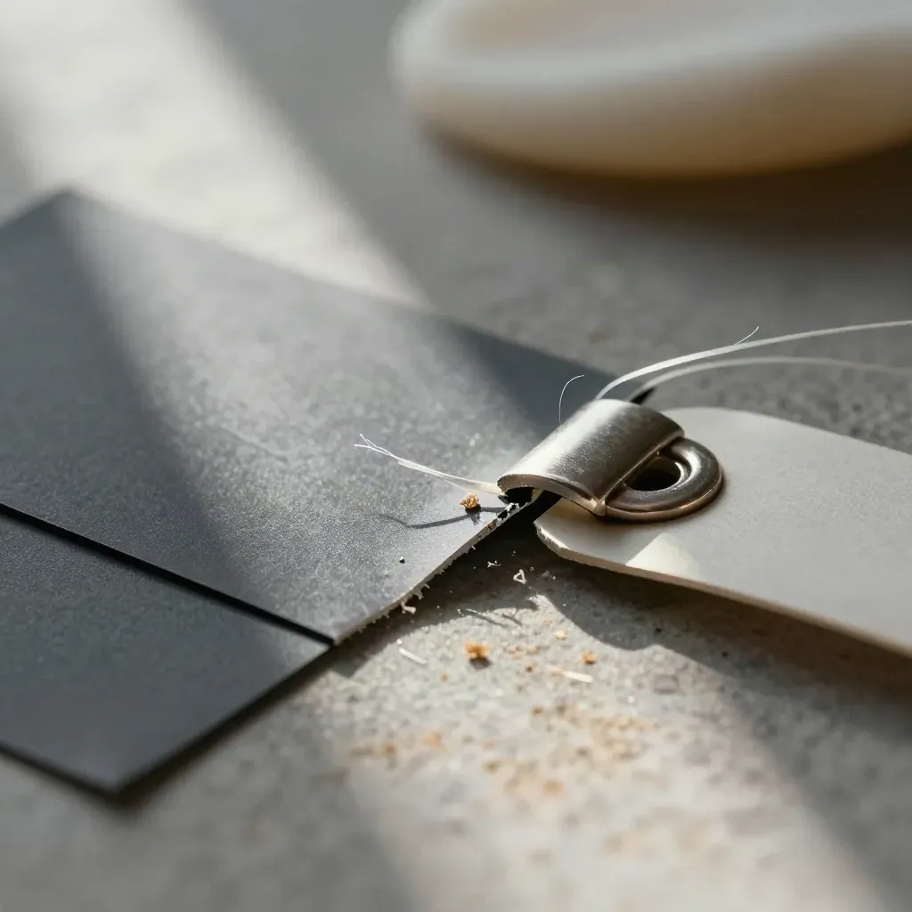 Macro still life of a fractured seal strip, breakaway clasp, and snapped fiber tag on graphite paper.