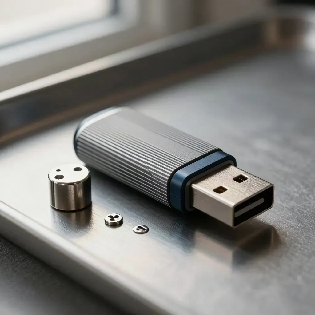 Macro of an encrypted USB dongle with cap and security screws on brushed aluminum.