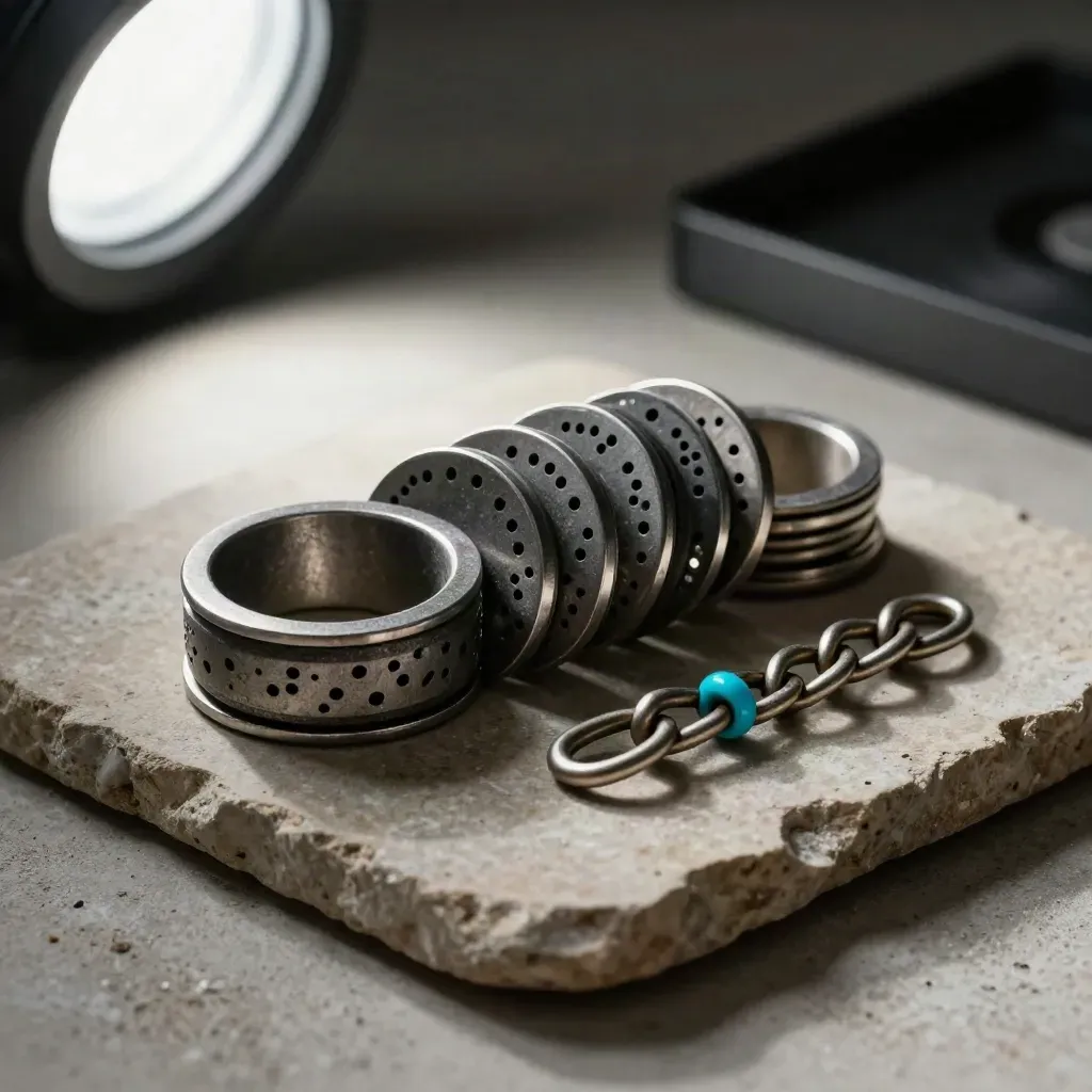 Archive seal rings, punched metal discs and chain on stone with a cyan accent