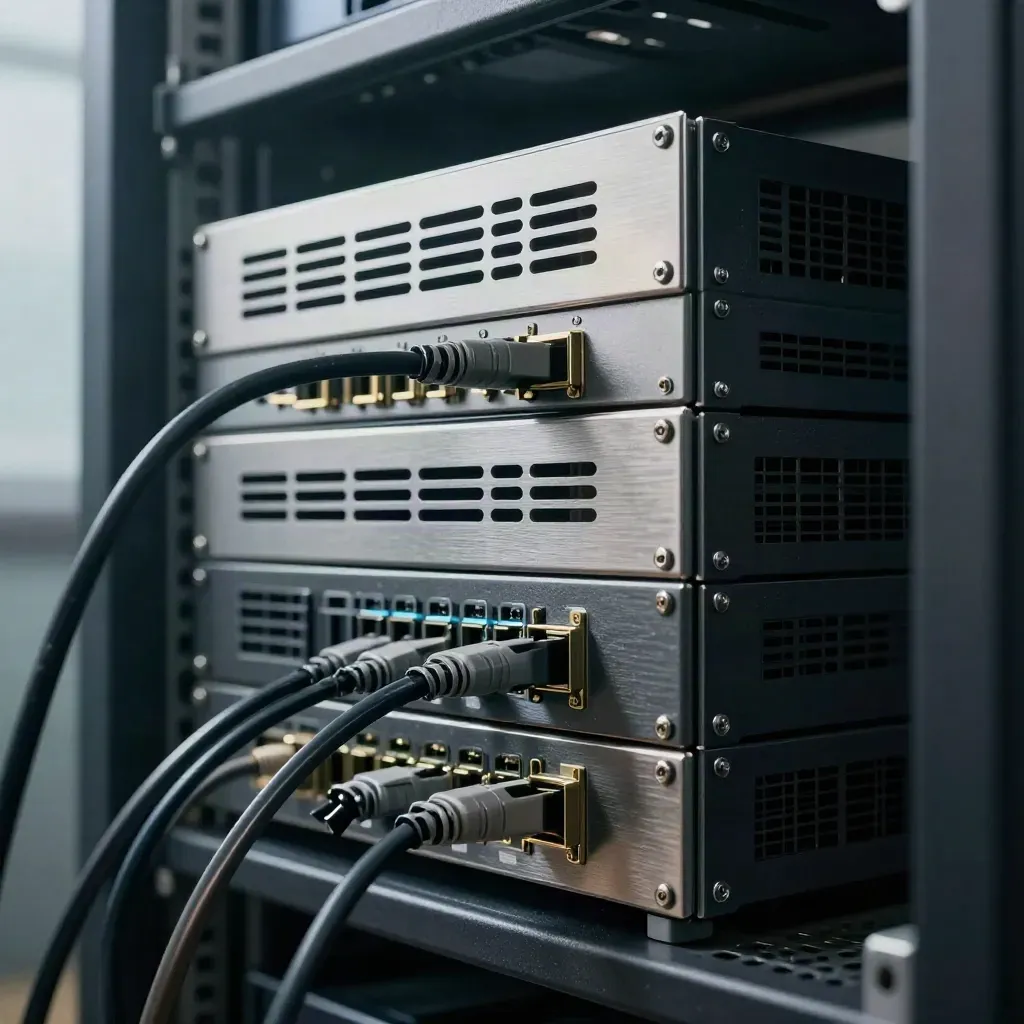 Rack-mounted HSM with braided cables and spacer blocks, seen through a blurred foreground cable loop.