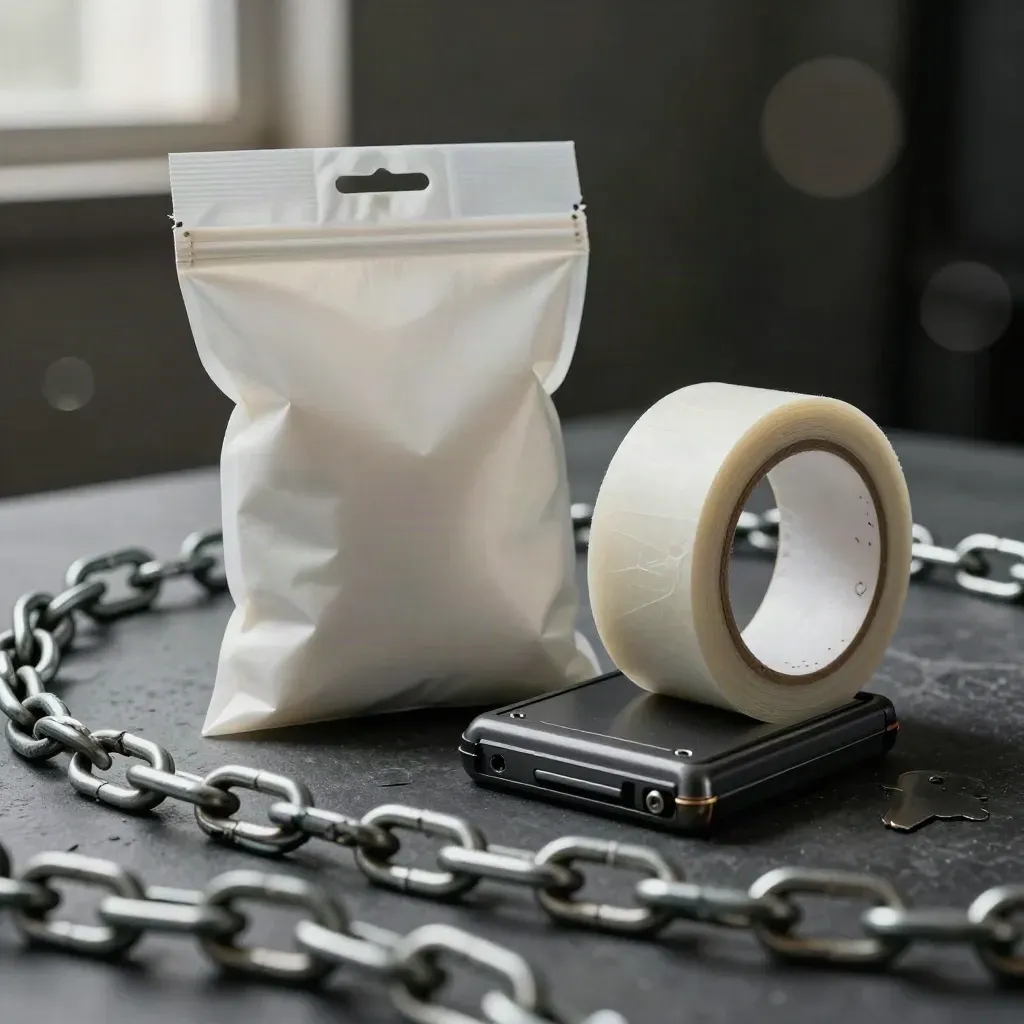 Evidence bag, tamper tape, and card reader shell on graphite behind a blurred chain