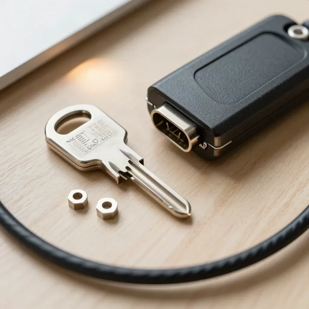 Macro flat lay of a security key, connector block, and hex spacers on pale wood.